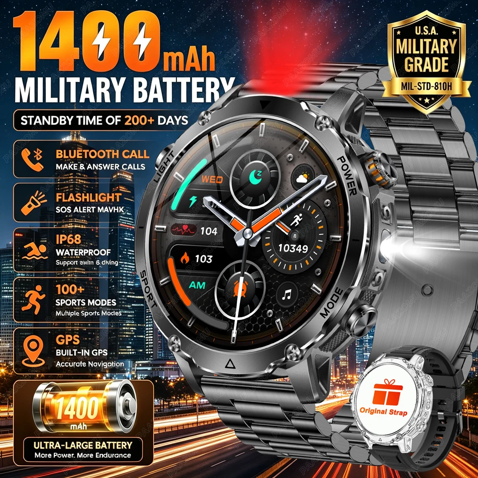 Smartwatch Military Watches For Men - Brand+1400mAh Big Battery Smartwatch Men 1.7
