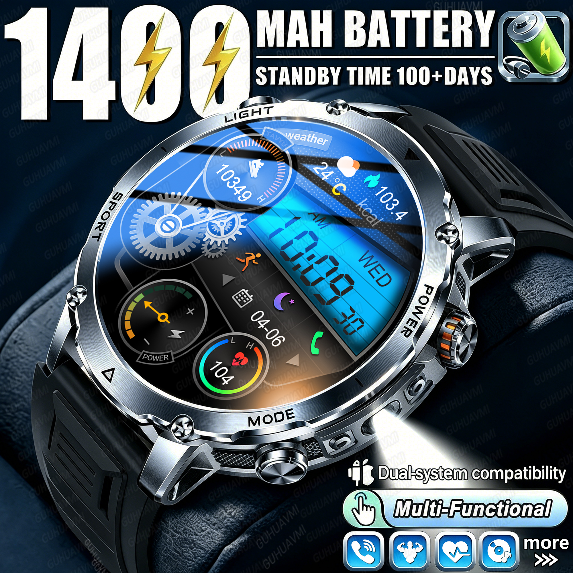 Smartwatch Military Watches For Men - Newly Durable 1400mAh Large Battery Smart